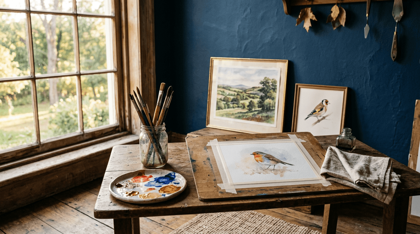 The studio desk by a window with brushes, palette, and watercolor in progress